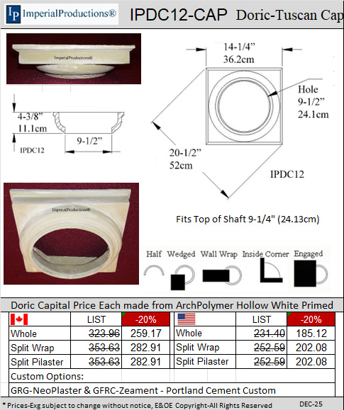 IPDC12 Doric Cap for 9-1/4" top of column